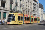 Be 4/6 Flexity 6001 mit der Werbung f�r Emmentaler K�se, auf der wegen einer Baustelle umgeleiteten Linie 3, f�hrt am 29.05.2026 zur Haltestelle Markthalle. Aufnahme Basel.