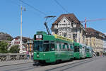 Doppeltraktion, mit den Be 4/4 501 und 496 zusammen mit dem B4S 1472, auf der wegen der Grossbaustelle am Marktplatz verk�rzten Linie 6, �berquert am 20.07.2026 die Mittlere Rheinbr�cke. Aufnahme Basel.
