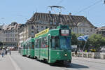 Doppeltraktion, mit den Be 4/4 501 und 496 zusammen mit dem B4S 1472, auf der wegen der Grossbaustelle am Marktplatz verk�rzten Linie 6, �berquert am 20.07.2026 die Mittlere Rheinbr�cke. Aufnahme Basel.