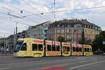 Be 4/6 Flexity 6001 mit der Werbung f�r Emmentaler K�se, auf der Linie 15, �berquert am 15.08.2026 die M�nchensteinerbr�cke Richtung Haltestelle Grosspeterstrasse. Aufnahme Basel.