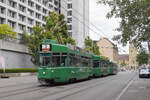 Doppeltraktion, mit den Be 4/4 497 und 489 zusammen mit dem B4S 1456, auf der Linie 2, f�hrt am 10.08.2026 zur Haltestelle Gewerbeschule. Aufnahme Basel.