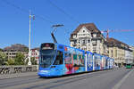 Be 6/10 Tango 182 mit der Werbung f�r Migros M-Parc, auf der wegen der Grossbaustelle am Marktplatz umgeleiteten Linie 11, �berquert am 19.08.2026 die Mittlere Rheinbr�cke Richtung Haltestelle