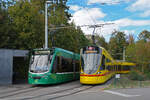 Be 6/8 Combino 301 auf der verk�rzten Linie 6 und der Be 6/10 Tango 168, auf der wegen Baustellen umgeleiteten Linie 11, warten am 05.09.2026 in der Schlaufe beim Eglisee. Aufnahme Basel.