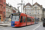 Be 6/8 Combino 306 FC Basel, auf der Linie 14, durchf�hrt am 07.09.2026 die Baustelle am Marktplatz. Die Haltestelle ist noch nicht fertig, darum wird sie nicht bedient. Aufnahme Basel.