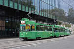 Doppeltraktion, mit den Be 4/4 485 und 487 zusammen mit dem B4S 1488, auf der wegen der Grossbaustelle am Marktplatz verk�rzten Linie 6, f�hrt am 24.08.2026 zur Haltestelle Messeplatz. Aufnahme Basel.