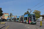 Be 6/8 Flexity 5037 mit der Werbung f�r Skoda Autos, auf der Linie 8, f�hrt am 21.09.2026 bei der Haltestelle CIBA ein.