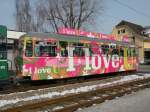 B4 Anhnger mit der Betriebsnummer 1447 und der Vollwerbung fr das U-Abo auf der Linie 14 an der Endstation in Pratteln. Die Aufnahme stammt vom 08.02.2012.