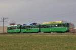 Dreiwagenzug mit dem Be 4/4 502, dem B4S 1505 und dem B4 1455 auf der Linie 14 fahren zur Haltestelle Rothausstrasse.