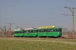 Dreiwagenzug mit dem Be 4/4 486, dem B4S 1488 und dem B4 1439 auf der Linie 14 fahren zur Haltestelle Rothausstrasse. Die Aufnahme stammt vom 13.03.2012.

