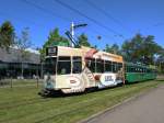 Dreiwagenzug mit dem Be 4/4 502 und der Vollwewrbung fr den Kse Le Gruyre an der Spitze fhrt zur Haltestelle St. Jakob. Die Aufnahme stammt vom 29.05.2012.