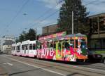 Vollwerbezug auf der Linie 17 kurz nach der Haltestelle Ciba. Be 4/8 247 mit der Evian Werbung und der B4 mit der Vollwerbung fr das U-Abo. Die Aufnahme stammt vom 18.06.2012.