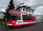 Neu wirbt der Be 4/4 482 fr die CHEMINS DE FER DU JURA. Nach einer Extrafahrt kehrt der Be 4/4 482 solo ins Depot Morgartenring zurck. Die Aufnahme stammt vom 11.05.2013.