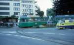 Basel BVB Tram 2 (Be 4/4 413) Binningen, Hauptstrasse am 30. Juni 1987.