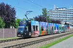 Be 6/8 Flexity 5010, mit der Turkish Airlines Werbung, fährt zur Haltestelle der Linie 14 beim Kästeli. Die Aufnahme stammt vom 22.05.2017.