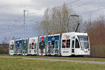 Be 6/8 Flexity 5008 (hier noch ohne Betriebsnummer) mit der Werbung für Tissot Uhren, anlässlich der Messe Basel World 2019, auf der Linie 14, fährt zur Haltestelle Lachmatt.