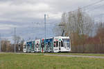 Be 6/8 Flexity 5008, hier noch ohne Betriebsnummer, mit der Tissot Werbung anlässlich der Messe Basel World, auf der Linie 14, fährt zur Haltestelle Lachmatt. Die Aufnahme stammt vom 05.03.2019.