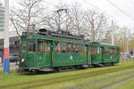 Am 07.12.2019 fand die Santiglausenfahrt des Tramclub Basel statt. Auf einem Nebengleis beim Stadion Jakob Park steht der Oldtimer Be 2/2 215 mit dem B2 423 zum fotografieren bereit.