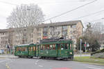 Am 07.12.2019 fand die Santiglausenfahrt des Tramclub Basel statt. Hier verlässt der Be 2/2 215 mit dem B2 423 die Haltestelle Denkmal Richtung Depot Dreispitz.