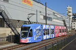 Be 6/8 Flexity 5004 (hier noch ohne Betriebsnummer) mit der Werbung gemeinsam gegen Corona, auf der Linie 14, fährt zur Haltestelle Lachmatt.