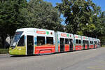 Be 6/8 Flexity 5014 mit der Denner Werbung, auf der Linie 3, fährt zur Haltestelle Hardstrasse.