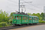 Für die Tramparade der BVB anlässlich der Feierlichkeiten  175 Jahre Schweizer Bahnen  verlässt der Be 2/2 181 zusammen mit dem B3 1303 das Depot Dreispitz Richtung