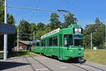 Doppeltraktion, mit dem Be 4/4 487, dem B4S 1488 und dem Be 4/4 488, auf der Linie 2, wartet in der Schlaufe beim Eglisee. Die Aufnahme stammt vom 18.07.2022.