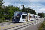 Be 6/8 Flexity 5028 mit der neuen Werbung für die Basler Museen, auf der Linie 6, bedient die Haltestelle Weilstrasse.