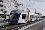 Be 6/8 Flexity 5028 mit der Werbung für die Basler Museen, auf der Linie 14, wartet am 10.09.2022 an der Endstation in Pratteln.