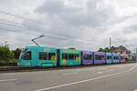 Be 6/8 Flexity 5009 mit der Yallo Werbung, auf der wegen einer Grossbaustelle zwischen Hardstrasse und Pratteln umgeleiteten Linie 14, fährt am 15.05.2023 zur Haltestelle