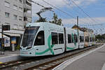 Be 6/8 Flexity 5036 mit der Swatch Werbung, auf der Linie 14, wartet am 17.07.2023 an der Endstation in Pratteln.