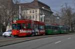 Dreiwagenzug auf der Linie 14 mit dem Be 4/4 495, dem B4S 1449 und dem B4 1452 am Fasnachts Dienstag auf der Linie 14 im Aeschengraben.