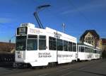 Der neue Clariant Werbezug mit dem Be 4/4 493, dem B 1501 S und dem B 1460 auf der Linie 14 in voller Fahrt Richtung Haltestelle Schifflnde.