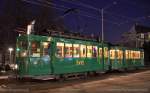 Die Be2/2 181 der BVB  Zum Feigenbaum  mit B2 1193 vor der Ausfahrt auf die Strecke beim Depot Dreispitz fr einen langen und kalten Nachteinsatz fr die Basler Museumsnacht am 18.