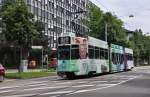 Neu macht der Be 4/6S Werbung fr die Firma BAYER, die ihr 150 jhriges Bestehen feiert und seit 2005 in Basel ansssig ist. Hier fhrt der Wagen zur Haltestelle Aeschenplatz auf der Linie 15. Die Aufnahme stammt vom 12.06.2013