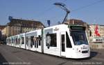 Extra wegen der Basel World wurde dieser Combino Be 6/8 301 der BVB in Tissot Farben umgeklebt, hier auf der Mittleren Brücke in Basel am 28.