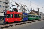 Be 4/4 490 FC Basel zusammen mit dem B 1480 S und dem B 1459 an der Endstation der Linie 14 in Pratteln.