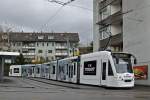 Be 6/8 Combino 319 mit der Werbung für Tissot Uhren, anlässlich der Messe Basel World 15, auf der Linie 6 an der Endstation an der Riehen Grenze.