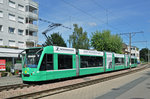 Be 6/8 Combino 308, mit einer Sennheiser Teilwerbung, wartet an der Endstation der Linie 14 in Pratteln.