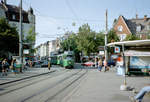Basel BVB Tramlinie 2 (DUEWAG/BBC/Siemens Be 4/6 647) Wettsteinplatz am 25. Juli 2006. - Scan eines Farbnegativs. Film: Agfa XRG 200-N. Kamera: Leica C2.