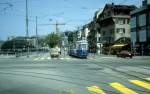 Zürich VBZ Tram 4 (Be 4/4 1527) Limmatquai / Rudolf-Brun-Brücke im Juli 1983.