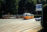 Genve / Genf TPG Tram 12: Der Be 4/4 703 mit Beiwagen B 3xx hlt am 16. Juli 1983 in Carouge auf einem Stapelgleis in der Endstellenschleife.  