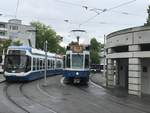 Linie 13 2029 neben einem Cobra Tram an der Endhaltestelle Frankental.