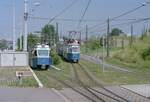 Zürich VBZ Tramlinie 7 (Be 4/6 1661 (SWS/BBC/SAAS 1967) / Tramlinie 10 (Be 4/4 1380 (SWS/MFO 1948?) Unterstrass, Milchbuck Anfang August 1986.