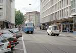 Zürich VBZ Tramlinie 2 (SIG/MFO/SAAS-Be 4/6 1610, Bj. 1966) Talacker am 26. Juli 1993. - Scan eines Farbnegativs. Film: Kodak Gold 200-3. Kamera: Minolta XG-1.