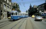 Zrich VBZ Tram 6 (Be 4/4 + B) Weinbergstrasse / Liebfrauenkirche / Leonhardstrasse im Juli 1983.