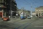 Zrich VBZ Tram 10 (Be 4/4 1390) Zrich HB / Bahnhofplatz / Bahnhofquai im Juli 1983.