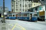 Zrich VBZ Tram 10 (Be 4/4 1395) Tessinerplatz / Bahnhof Zrich-Enge im Juli 1983.