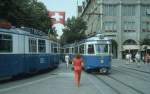 Zrich VBZ Tram 11 (Be 4/4 1429) Bahnhofstrasse / Paradeplatz im Juli 1983.