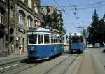 Zrich VBZ Tram 15 (Be 4/4 1525) / Tram 7 (Be 4/6 1700) Weinbergstrasse / Leonhardstrasse im Juli 1983.