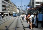 Zrich VBZ Tram 3 (Be 4/6 1685) Lwenstrasse im August 1986.